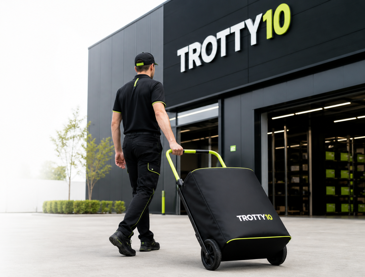 Kurir TROTTY10 sa kolicima ispred centra