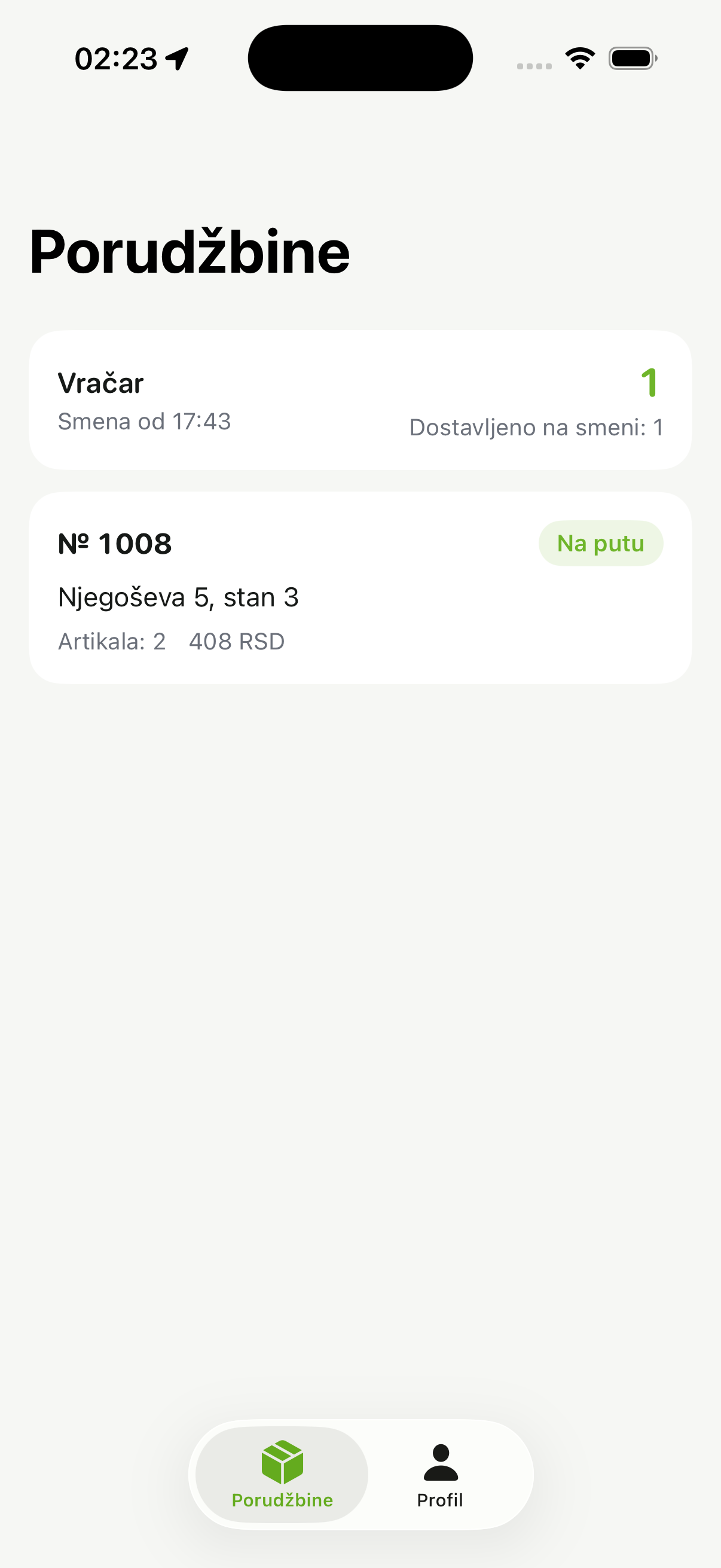 Lista porudžbina u aplikaciji kurira