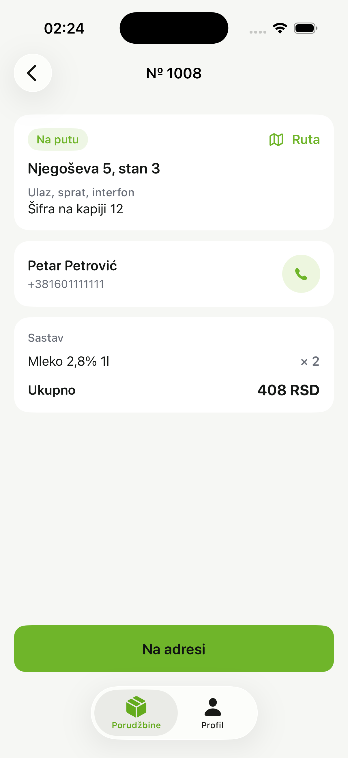 Porudžbina i mapa u aplikaciji kurira